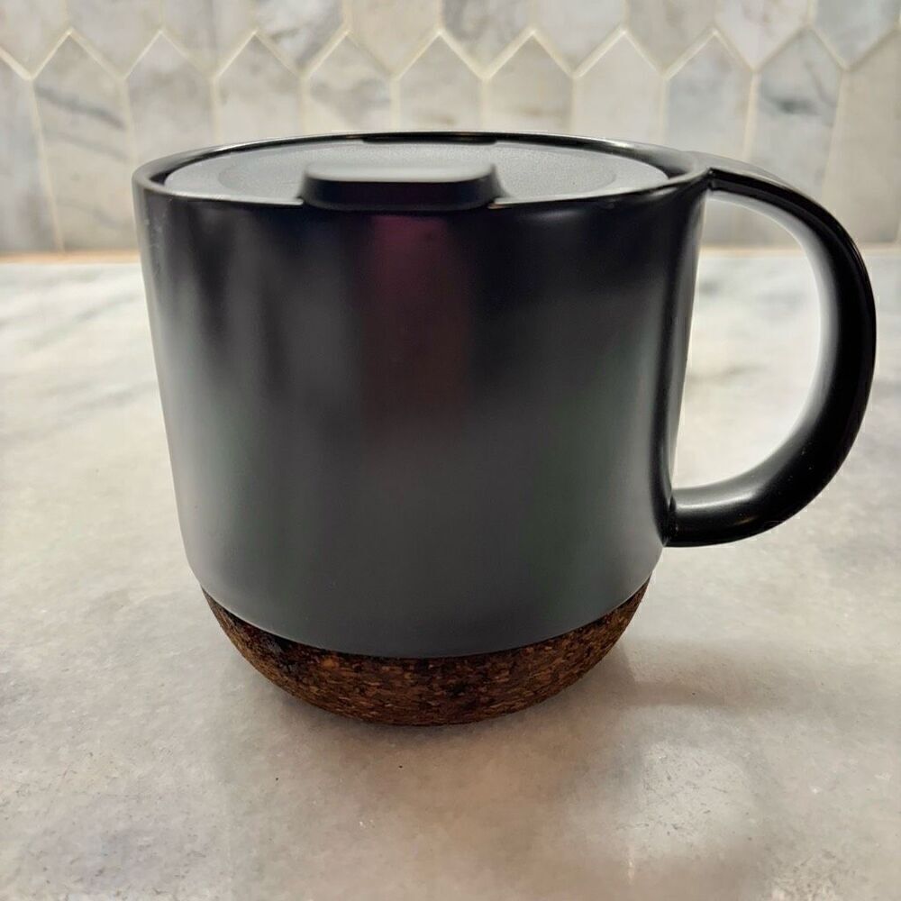 Vintage 2016 Starbucks Coffee Mug Charcoal Black Ceramic Travel Lid Brown Cork B